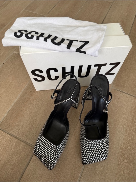 SCHUTZ Shoes - SCHUTZ Black Rhinestone Square-Toe Slingback Heels 10 Jaycie